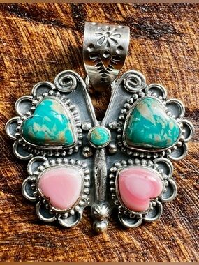 Ribbon Turquoise Queen Conch Butterfly Pendant Sterling Silver Handmade